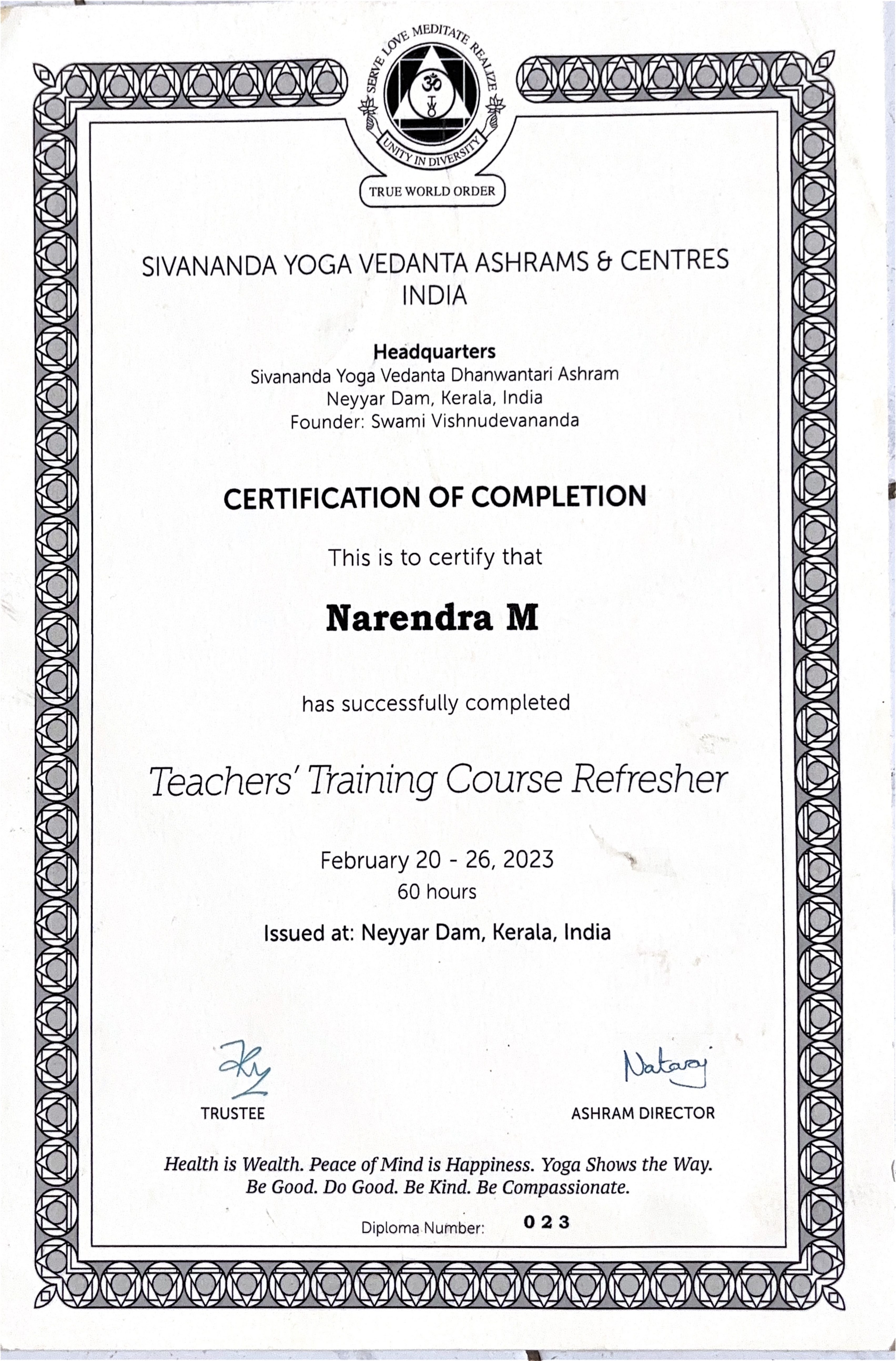 Sivananda TTC Certificate